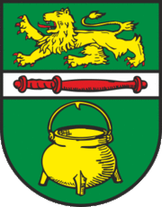 Wappen der Samtgemeinde Wathlingen. Dunkelgrner Untergrund, geteilt durch einen weien Querbalken, in dem ein roter Stab abgebildet ist. Oben ein Lwe in Gelb und unten ein Kessel, auch in gelb.