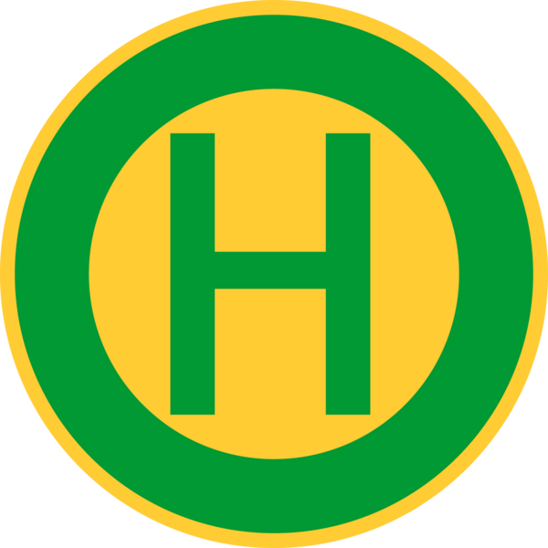 Bild eines Bushaltestellenschildes. Grünes H auf gelbem Untergrund umrahmt von einem grünen Kreis.