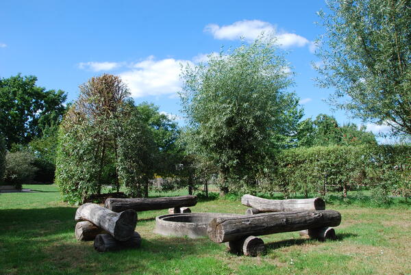 Vier Bänke aus Holzstämmen stehen im Viereck auf einer Wiese mit Bäumen im Hintergrund.
