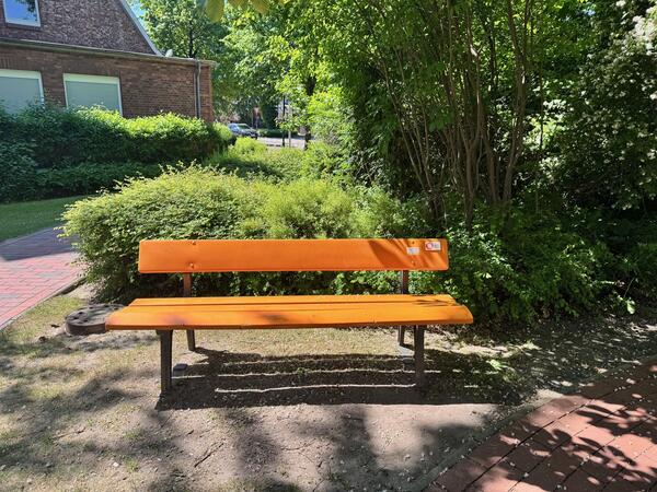 Bild vergr&ouml;&szlig;ern: Eine leere, orange farbene Bank steht in einem Park. Die Sonne scheint auf die Bank.