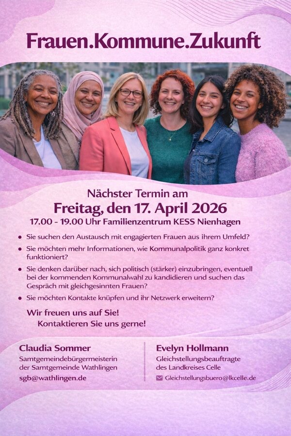 Bild vergr&ouml;&szlig;ern: Plakat f�r das n�chste Treffen der Veranstaltung: Frauen.Kommune.Zukunft am 17.04.26