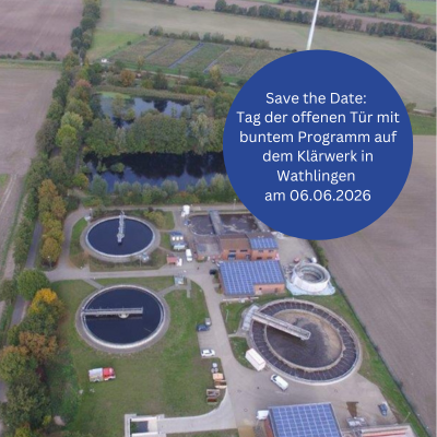Luftbild von unserem Kl&auml;rwerk mit einem Save the Date auf den Tag der offenen T&uuml;r am 6.6.26.