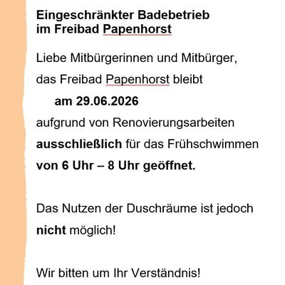 Bild vergr&ouml;&szlig;ern: Freibad Papenhorst am 29.06.26 nur Fr&uuml;hschwimmen