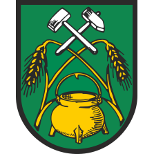 Wappen Wathlingen. Dunkelgrüner Untergrund, Messingtopf und 2 Getreideähren in gelb unten, Hammer und Meißel in weiß oben.